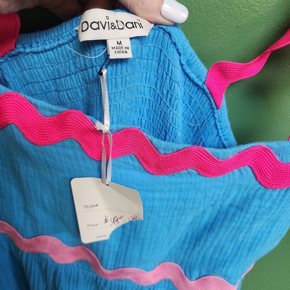 NWT Davi & Dani Blue Ric Rac Maxi Dress Size Medium Pink Trim - Picture 5 of 5